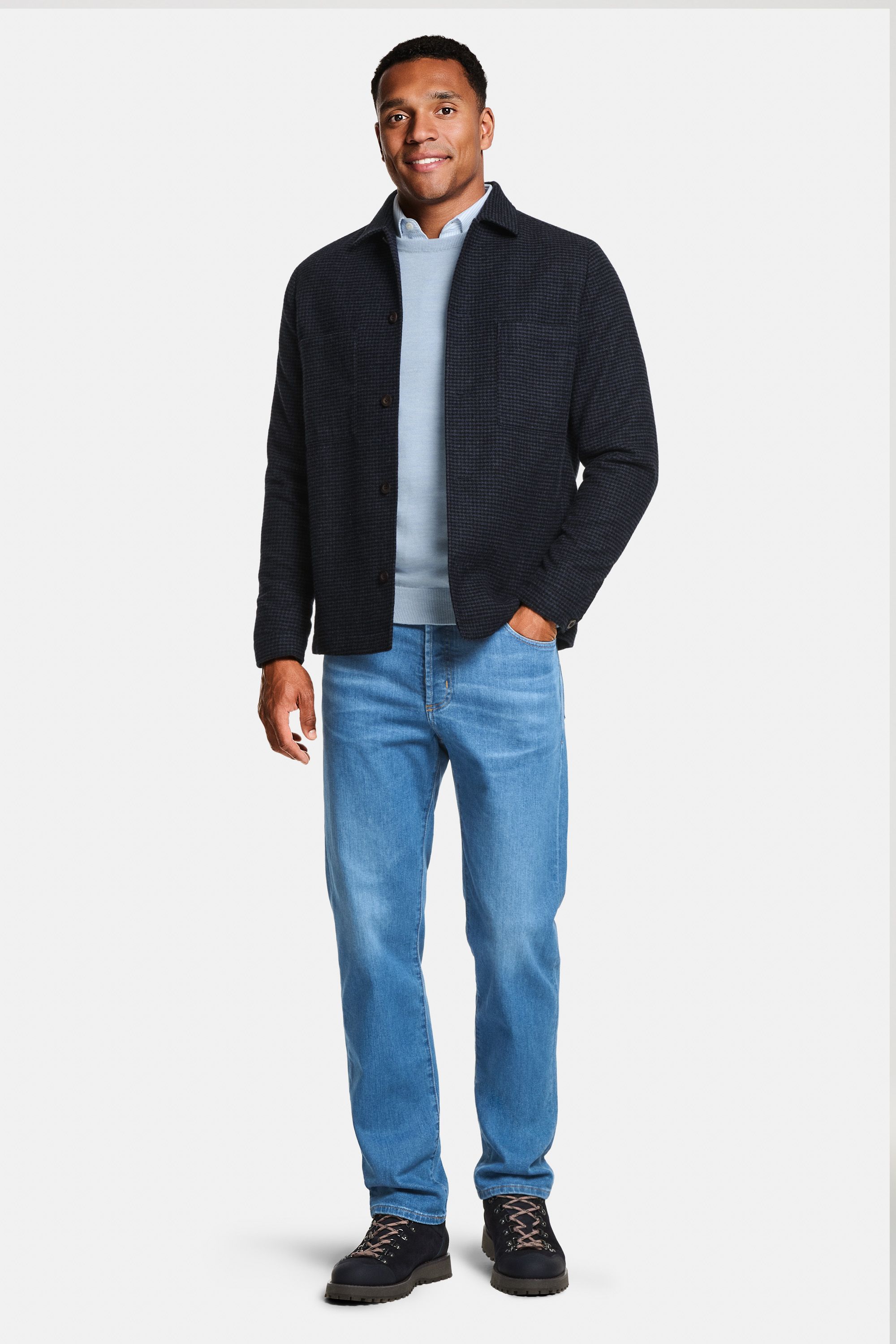 Pontoons * The Oxford Shirt, Avenues * The Merino Pullover, Cosmics Houndstooth * The Shacket, Carlos * The Straight Fit Jeans