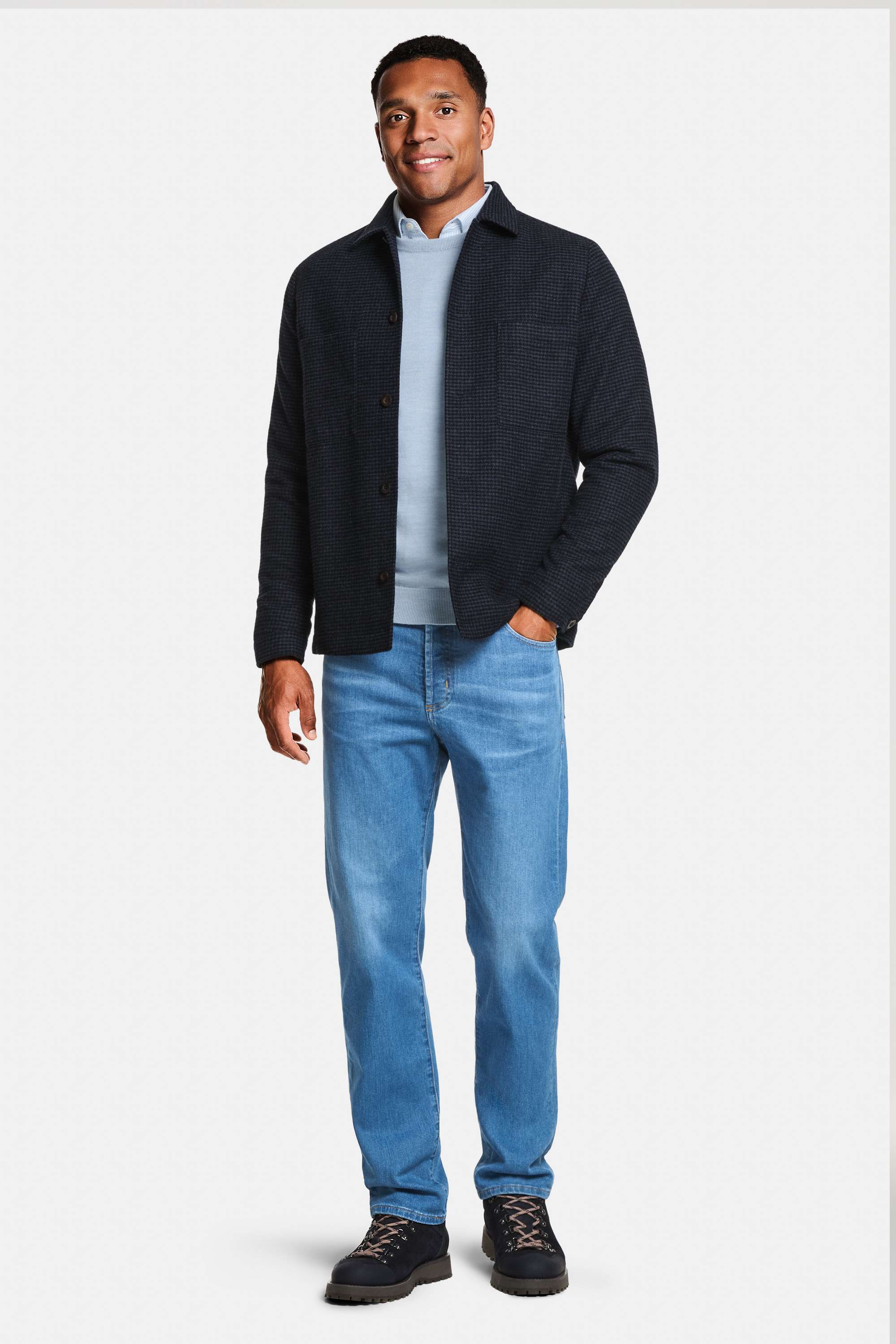 Pontoons * The Oxford Shirt, Avenues * The Merino Pullover, Cosmics Houndstooth * The Shacket, Carlos * The Straight Fit Jeans