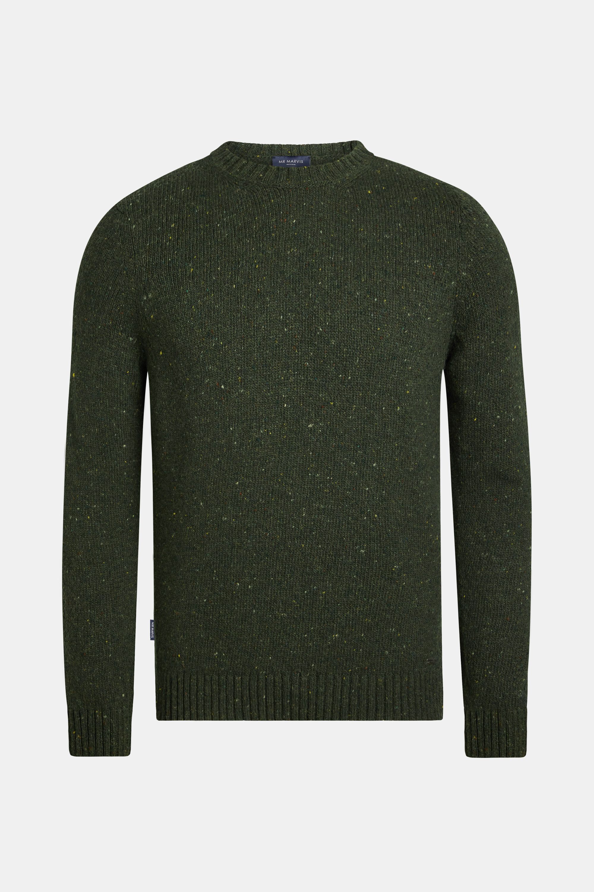 Mens wool crewneck pullover in dark green with colourful flecks