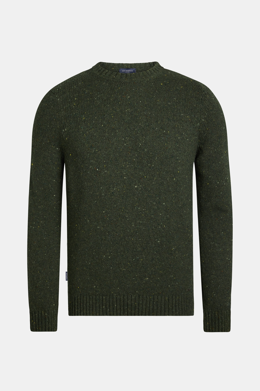 Mens wool crewneck pullover in dark green with colourful flecks