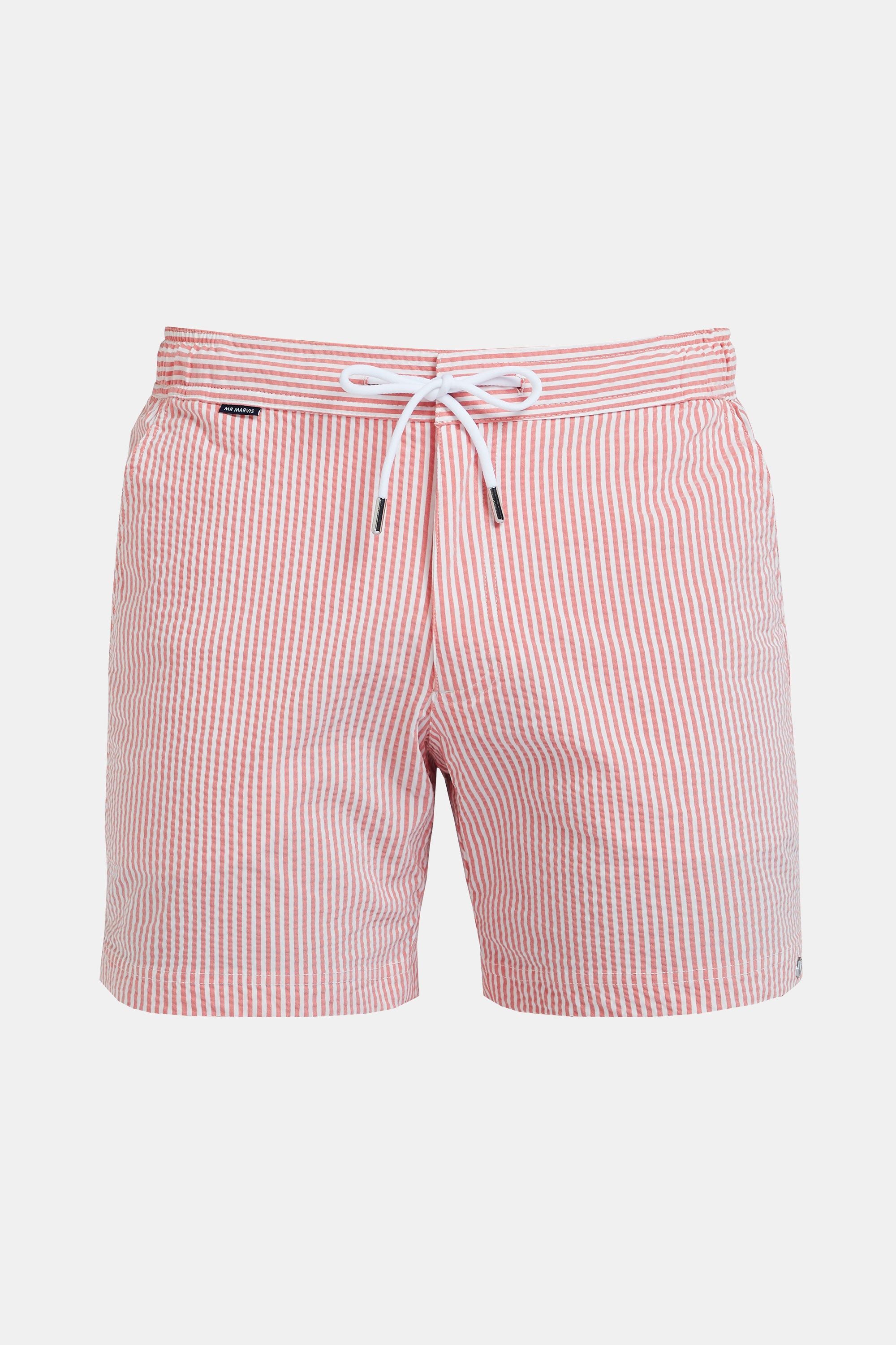 Mens seersucker swim shorts in brick red & white striped