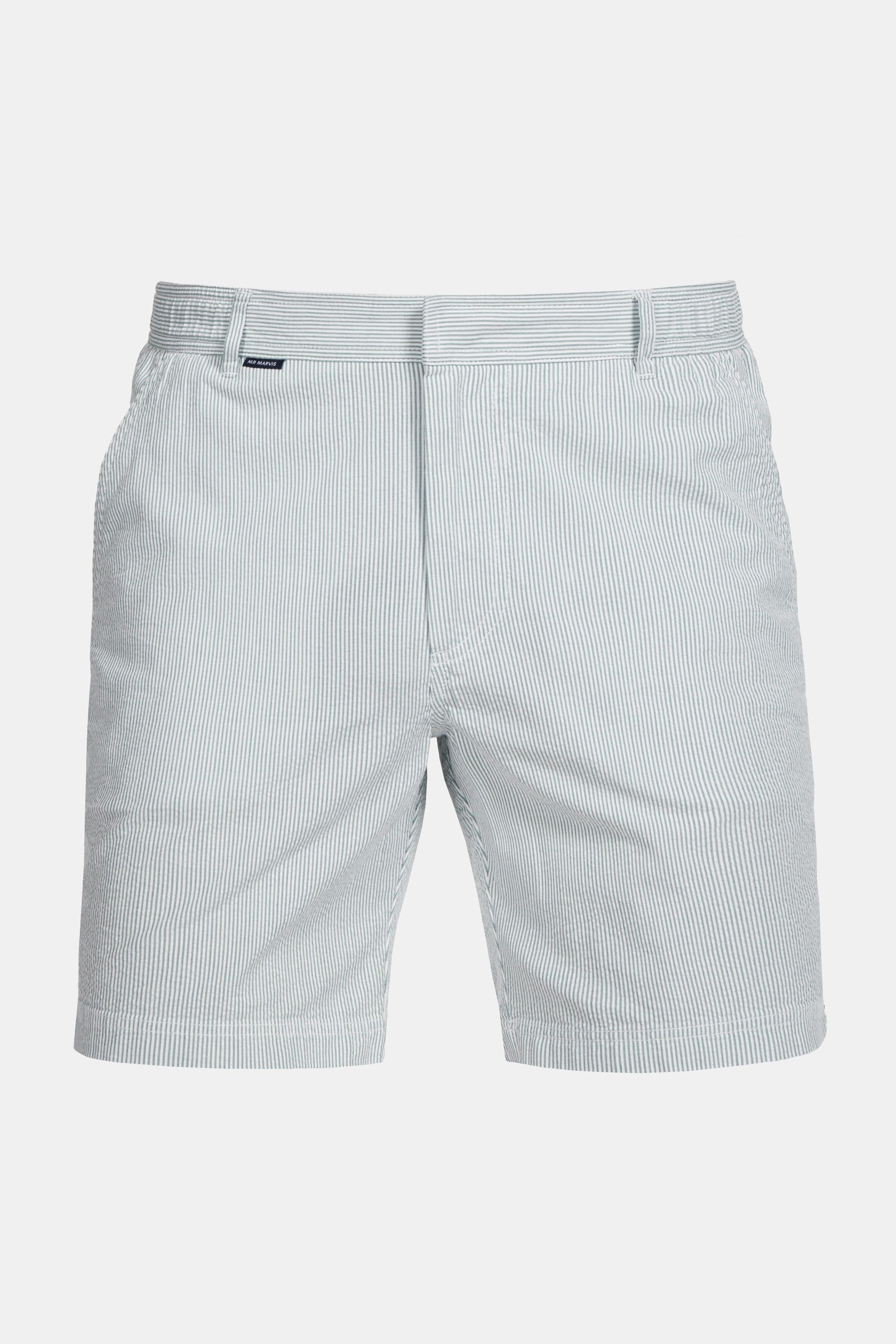 Mens seersucker shorts in dark green & white striped
