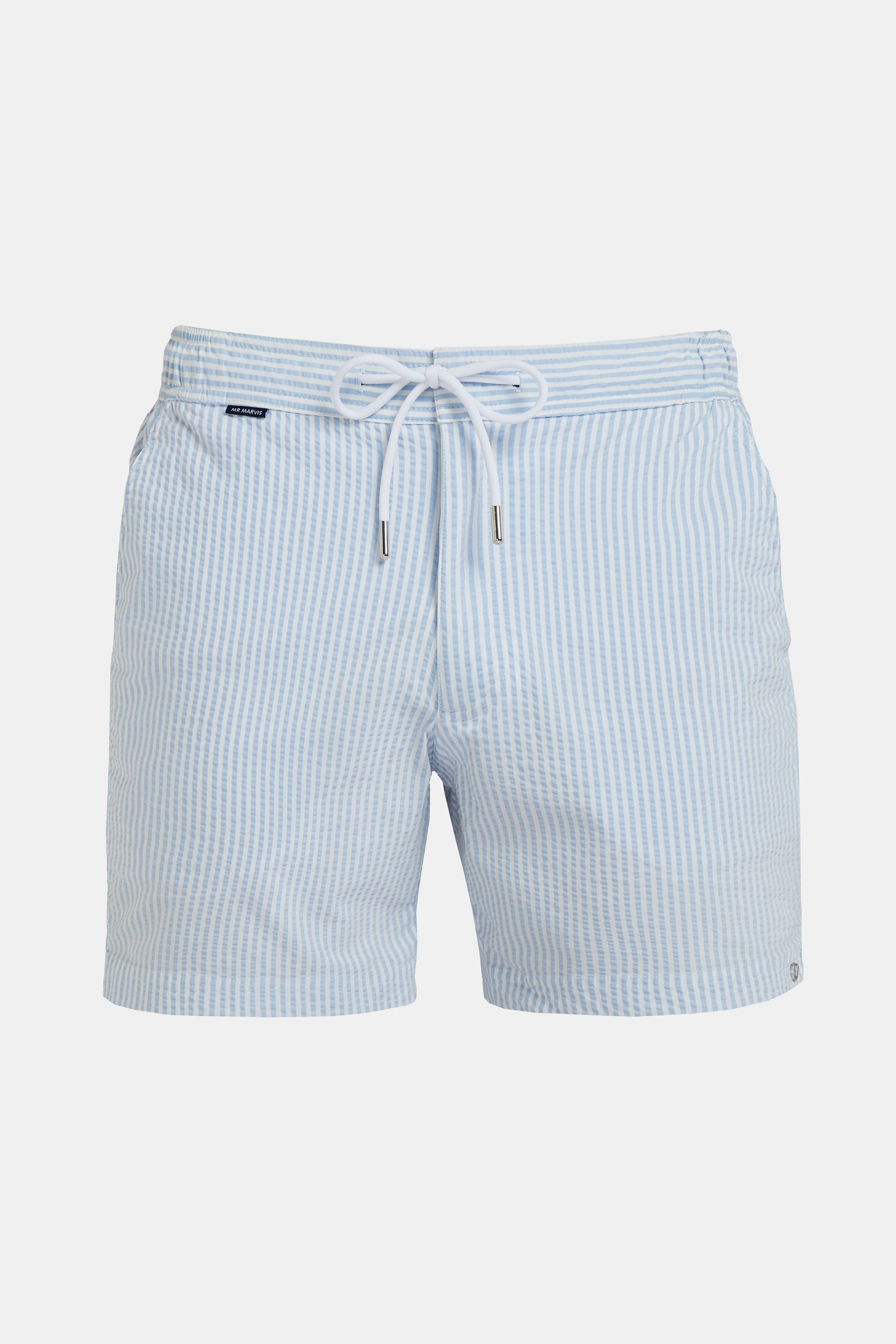 Mens seersucker swim shorts in light blue & white striped