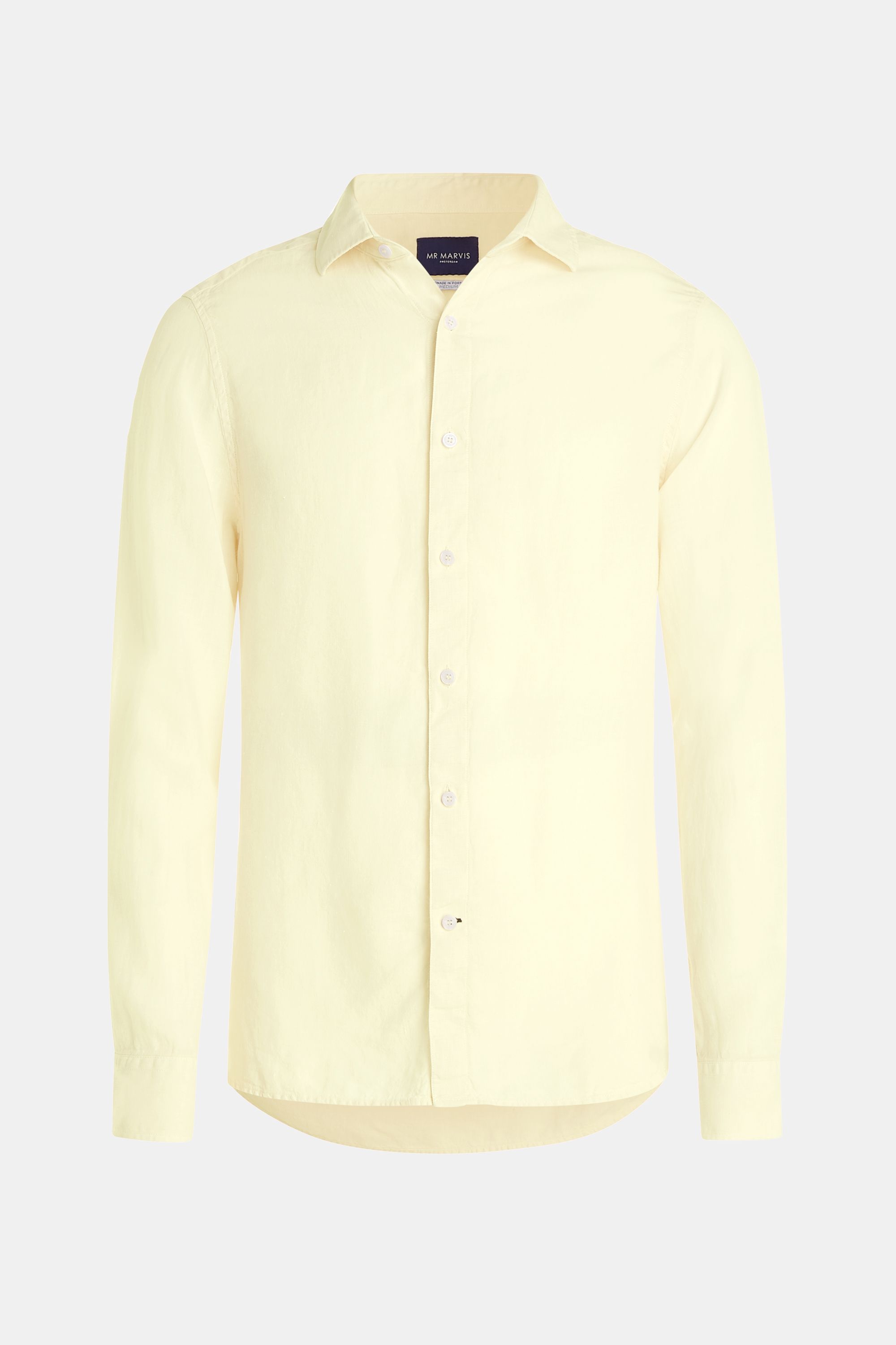 Mens linen shirt with relaxed fit in soft yellow