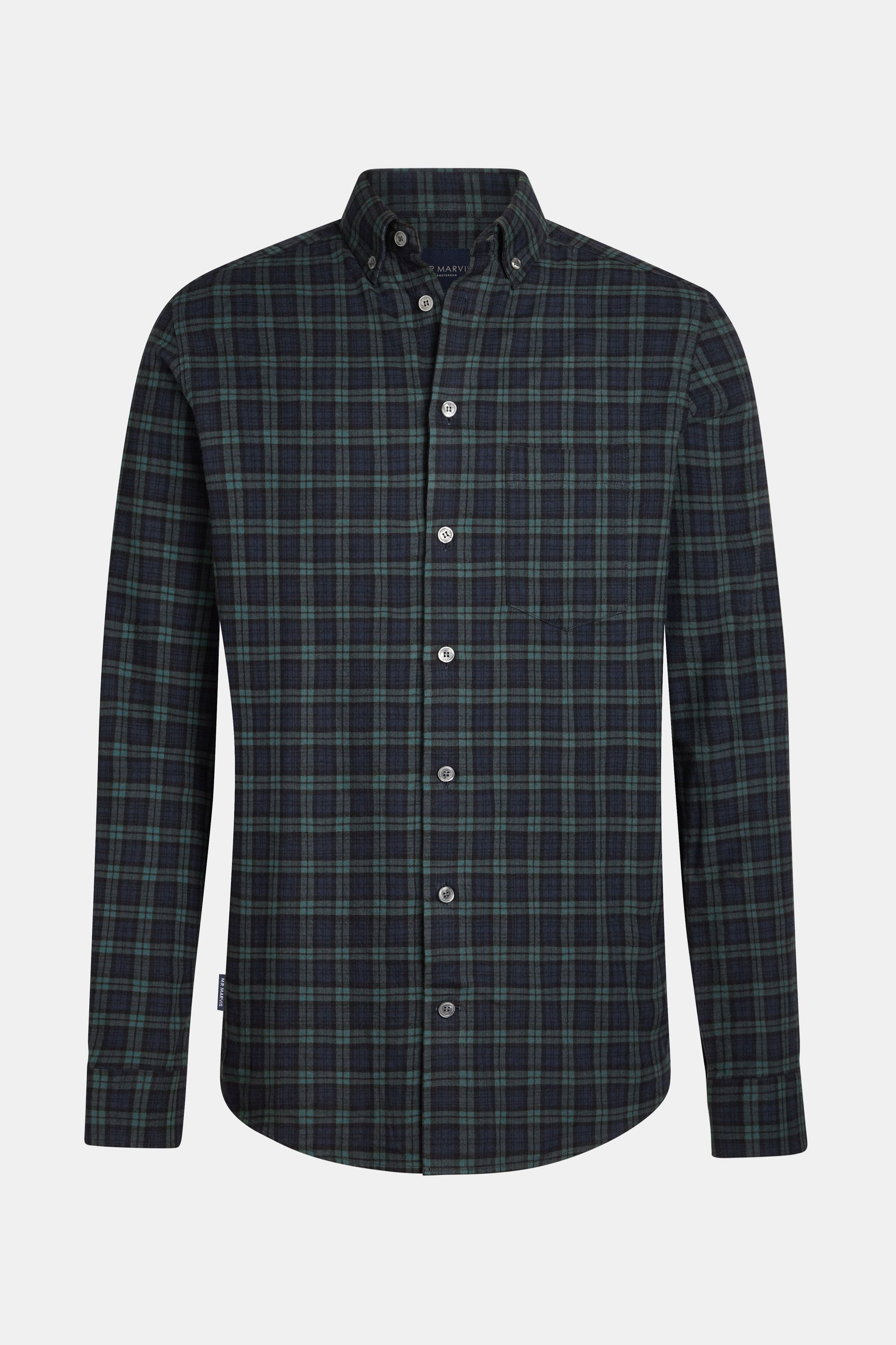 Mens flannel button down shirt with regular fit in blue and green plaid