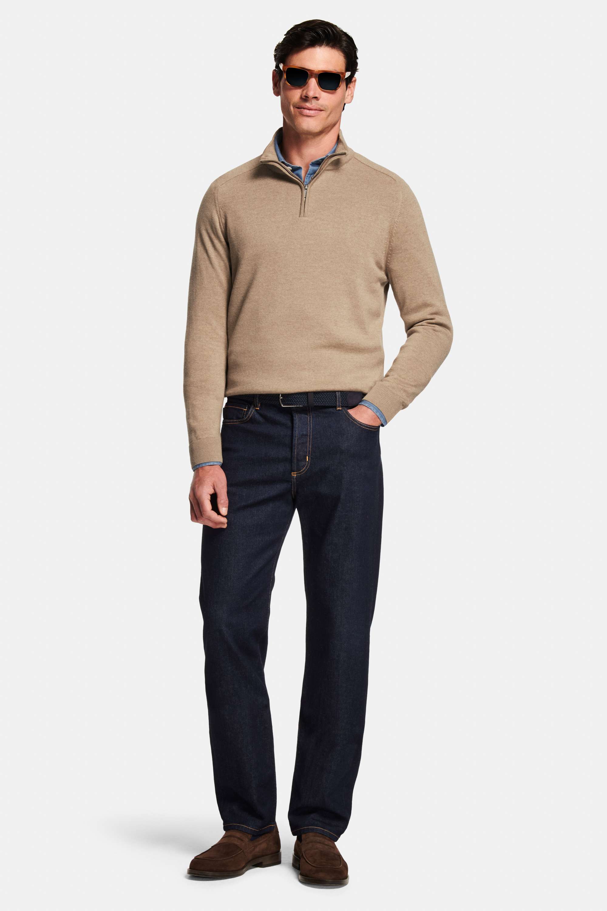Baristas * The Merino Zip Pullover, Cosmics * The Stretch Belt, Mingus * The Straight Fit Jeans