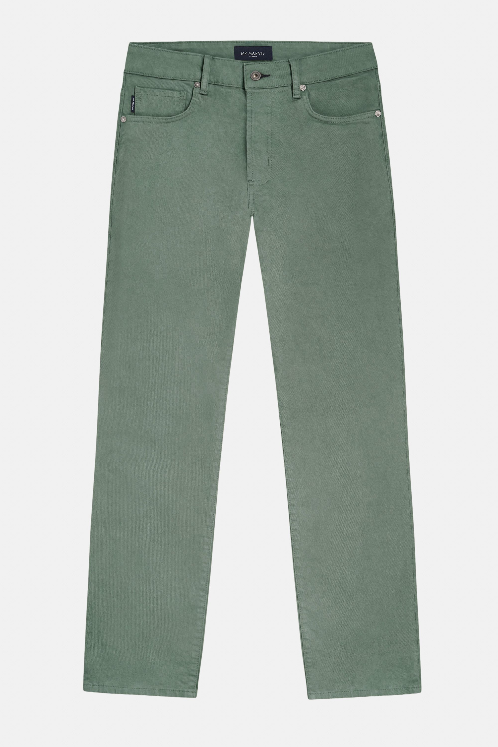 Mens straight-fit coloured denim trousers with a button fly in grey green.