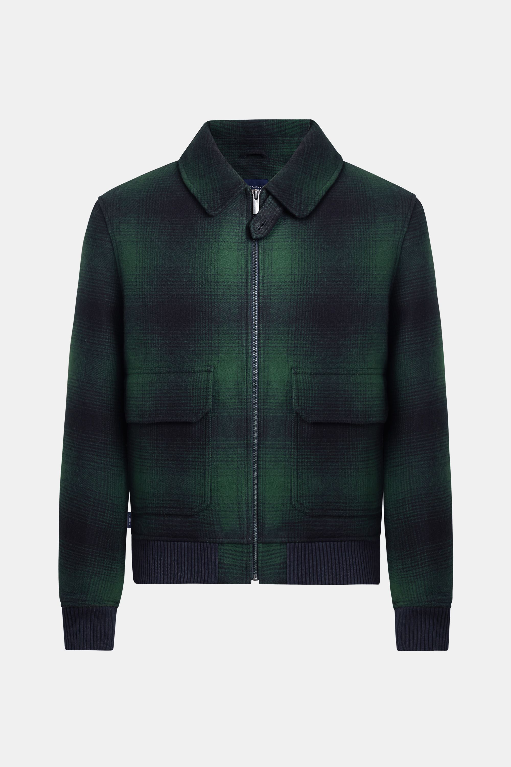 Mens aviator jacket in cotton and wool in green and blue checkered pattern