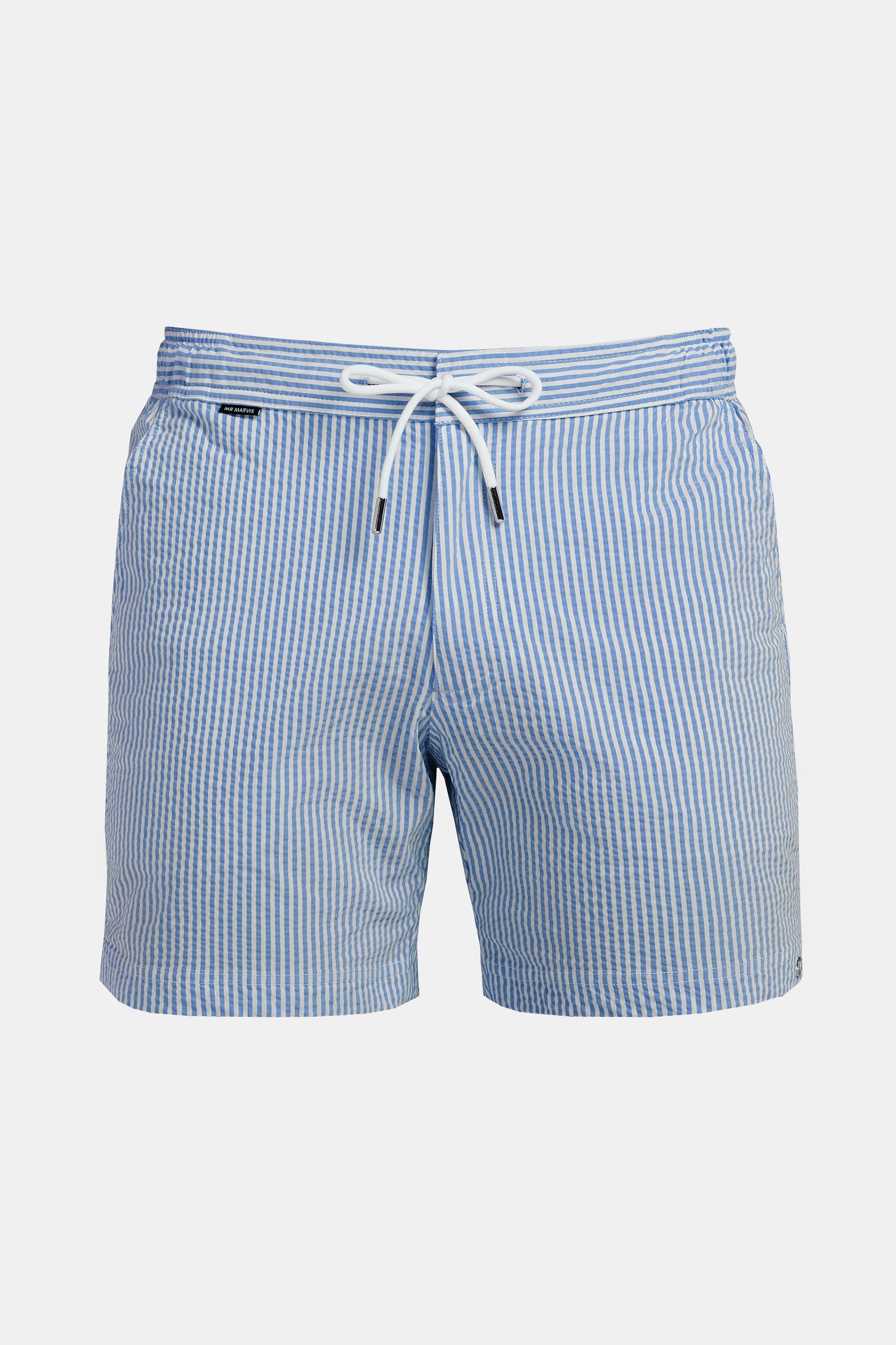Short de bain en seersucker pour homme à rayures bleu vif et blanc