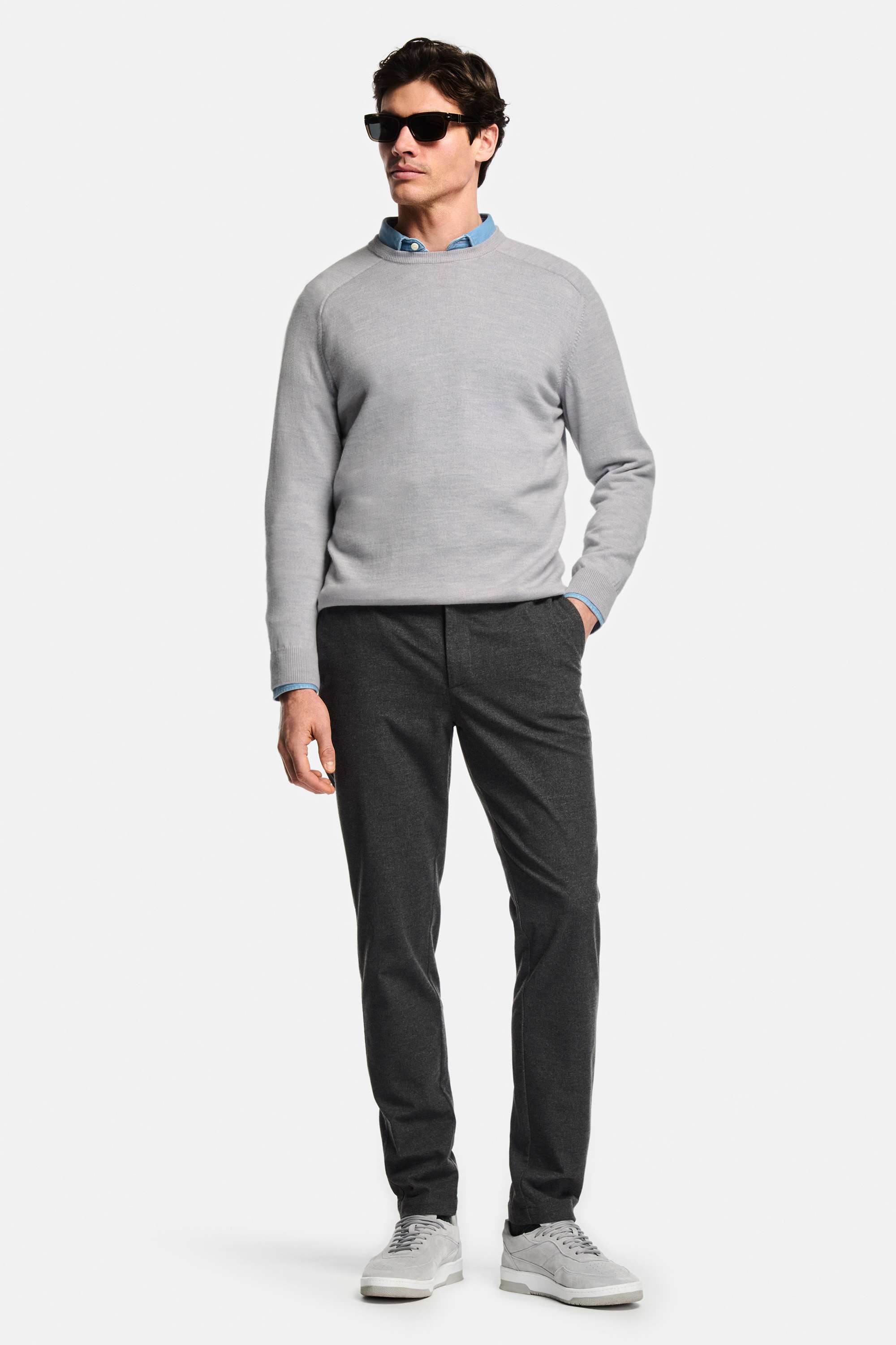 Otis * The Denim Shirt, Oysters * The Merino Pullover, Storms * The Smart Easies, Oysters * The Suede Sneakers